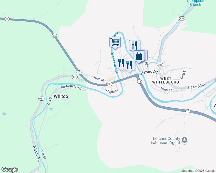 map of restaurants, bars, coffee shops, grocery stores, and more near 1567 Dayton Street in Whitesburg