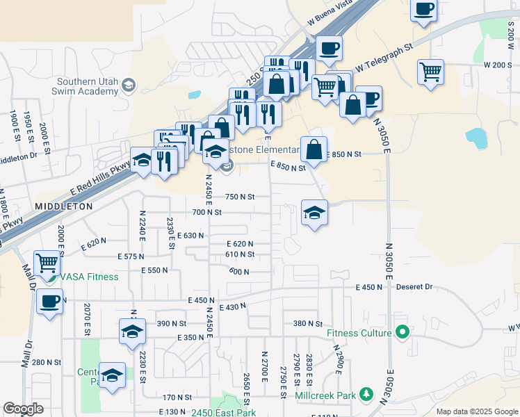 map of restaurants, bars, coffee shops, grocery stores, and more near 2639 East 700 North in St. George
