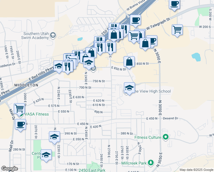 map of restaurants, bars, coffee shops, grocery stores, and more near 2620 East 700 North in St. George