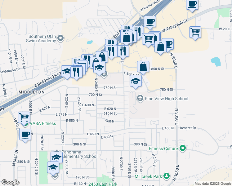map of restaurants, bars, coffee shops, grocery stores, and more near 2620 East 700 North in St. George