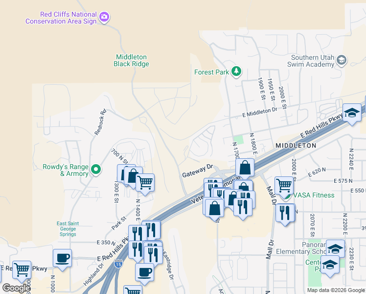 map of restaurants, bars, coffee shops, grocery stores, and more near 660 Twin Lakes Drive in St. George