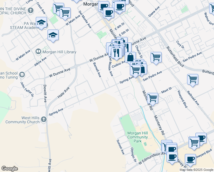 map of restaurants, bars, coffee shops, grocery stores, and more near 16705 Barnell Avenue in Morgan Hill
