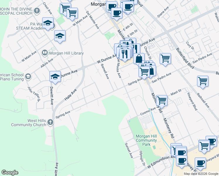 map of restaurants, bars, coffee shops, grocery stores, and more near 16705 Barnell Avenue in Morgan Hill