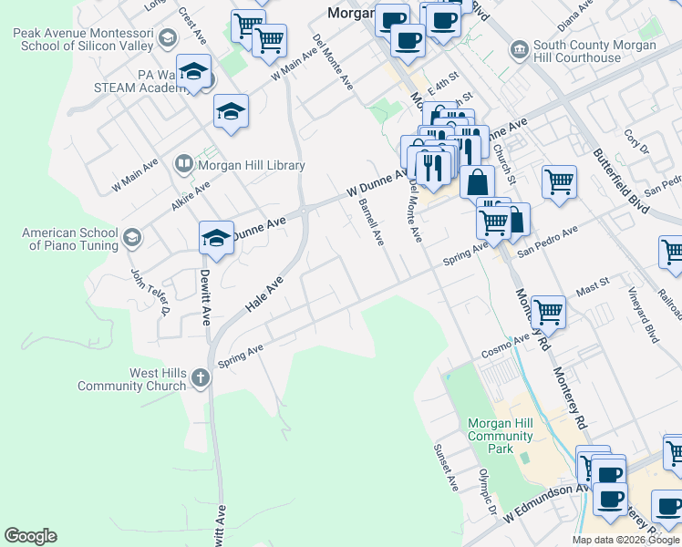 map of restaurants, bars, coffee shops, grocery stores, and more near 16760 Spring Hill Court in Morgan Hill