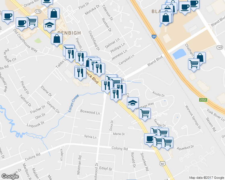 map of restaurants, bars, coffee shops, grocery stores, and more near 13678 Warwick Boulevard in Newport News