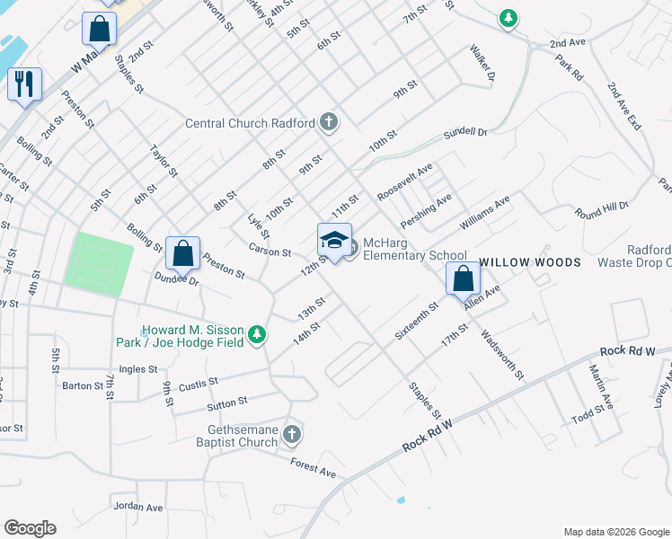 map of restaurants, bars, coffee shops, grocery stores, and more near 700 12th Street in Radford