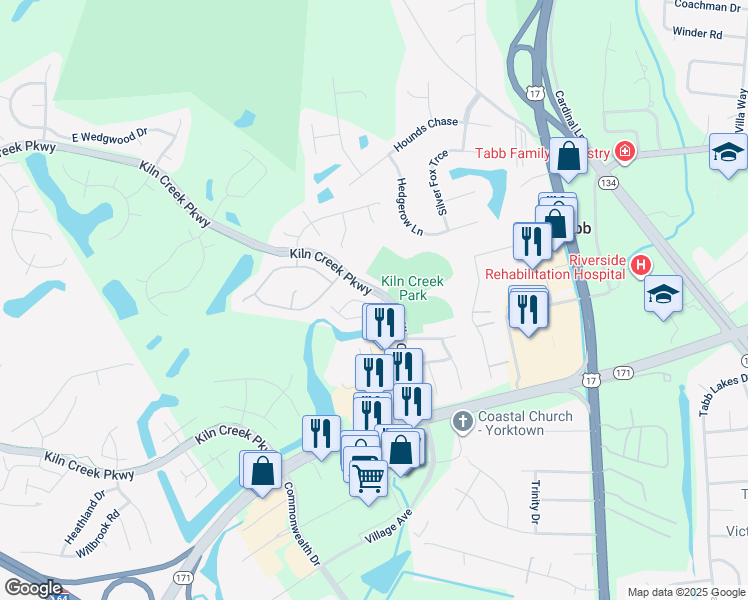 map of restaurants, bars, coffee shops, grocery stores, and more near 522 Ironwood Drive in Yorktown