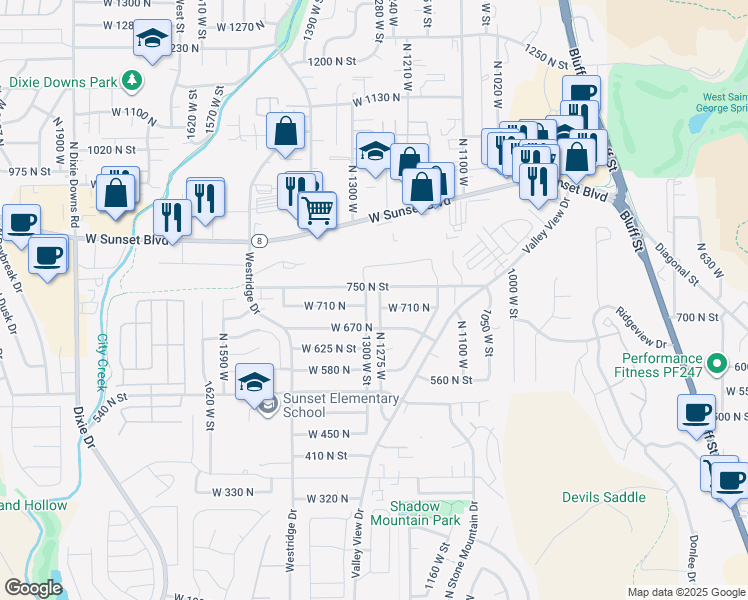 map of restaurants, bars, coffee shops, grocery stores, and more near 727 North 1275 West in St. George