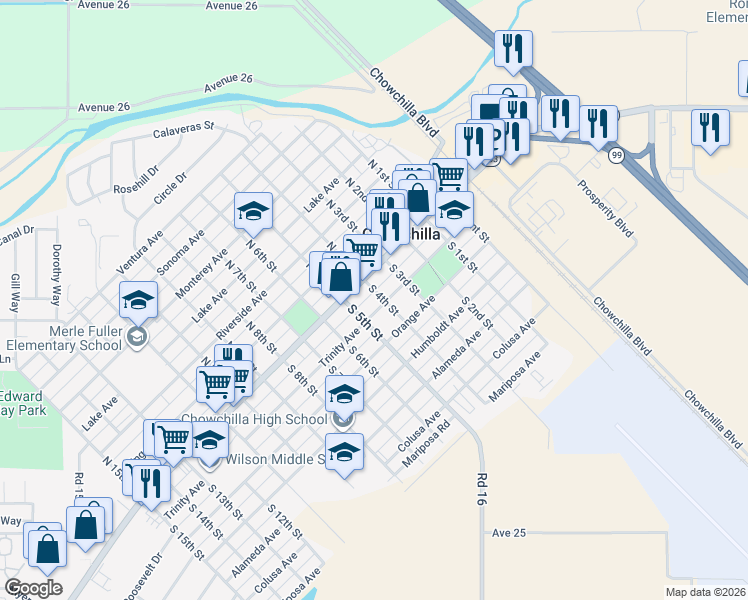 map of restaurants, bars, coffee shops, grocery stores, and more near 401 Trinity Avenue in Chowchilla