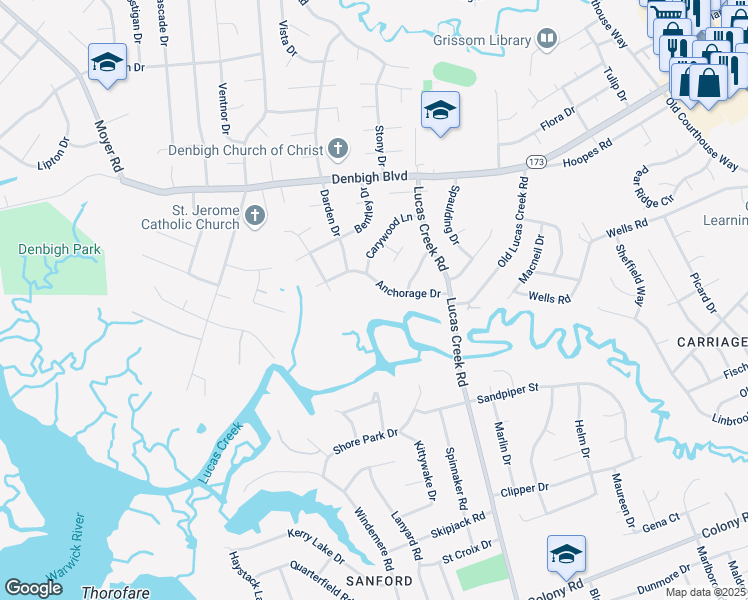 map of restaurants, bars, coffee shops, grocery stores, and more near 80 Anchorage Drive in Newport News