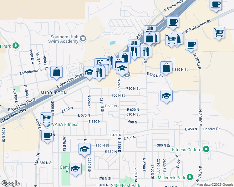 map of restaurants, bars, coffee shops, grocery stores, and more near 2435 East 700 North in St. George