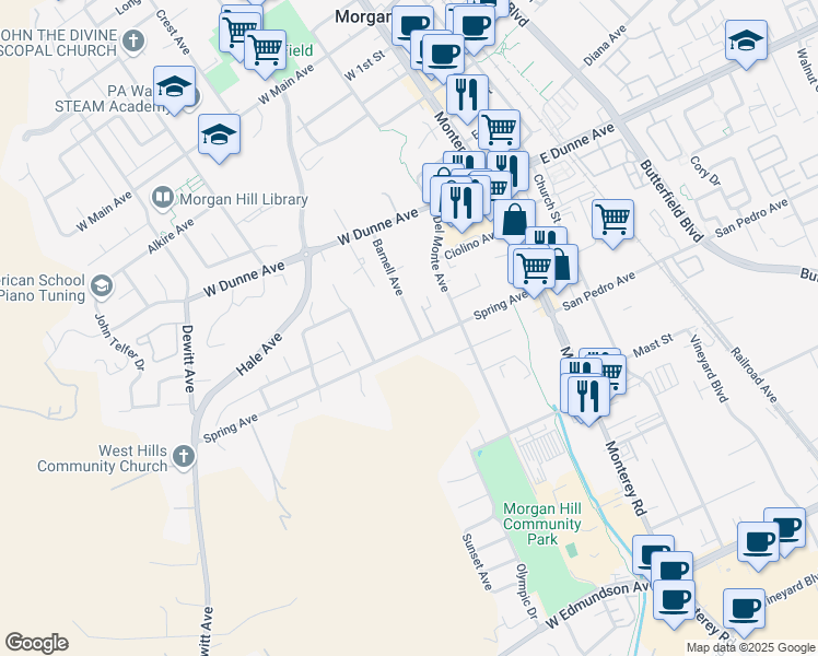 map of restaurants, bars, coffee shops, grocery stores, and more near 16725 Barnell Avenue in Morgan Hill