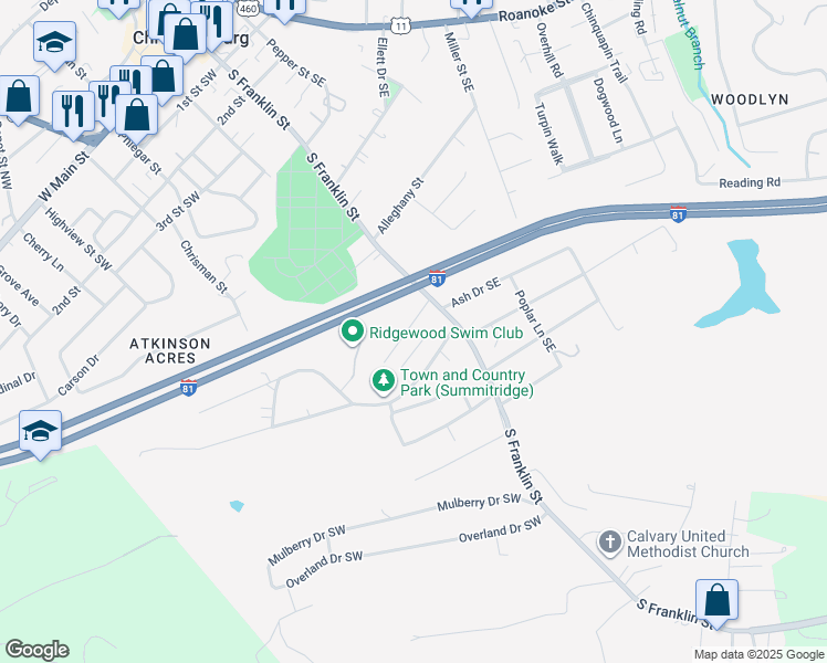 map of restaurants, bars, coffee shops, grocery stores, and more near 104 Franklin Parke Court Southwest in Christiansburg