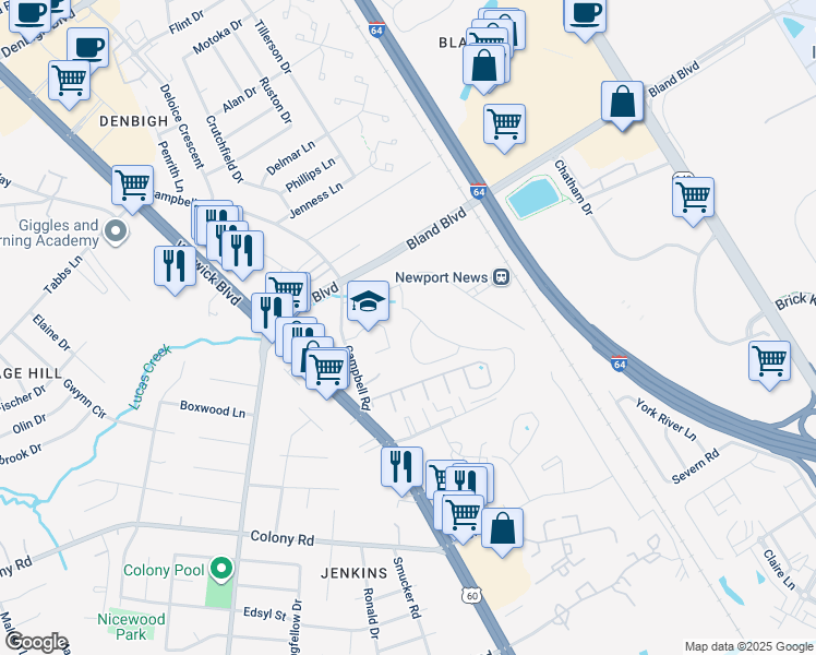 map of restaurants, bars, coffee shops, grocery stores, and more near 713 Windy Way in Newport News
