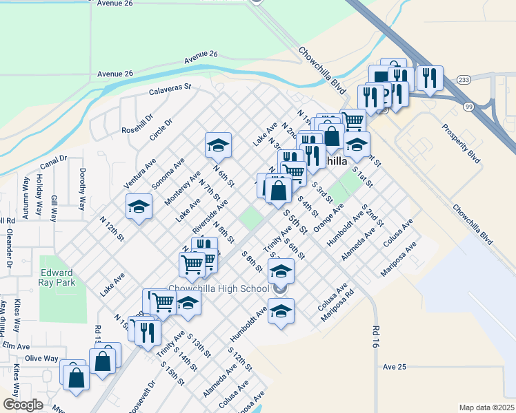 map of restaurants, bars, coffee shops, grocery stores, and more near 150 North 6th Street in Chowchilla