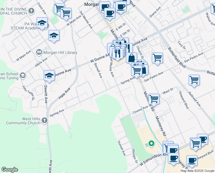 map of restaurants, bars, coffee shops, grocery stores, and more near 16720 Barnell Avenue in Morgan Hill