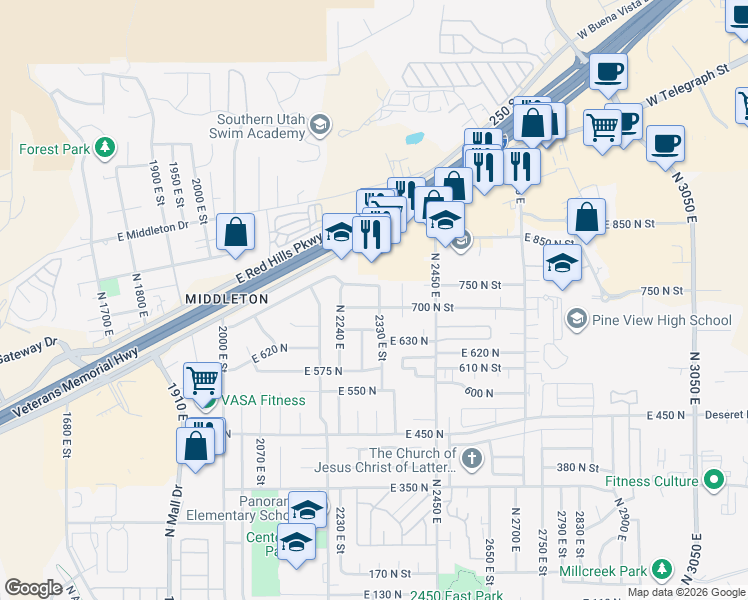 map of restaurants, bars, coffee shops, grocery stores, and more near 2313 East 700 North in St. George