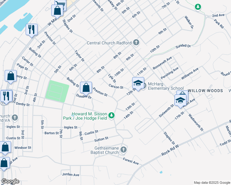 map of restaurants, bars, coffee shops, grocery stores, and more near 1027 Lyle Street in Radford