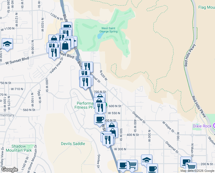 map of restaurants, bars, coffee shops, grocery stores, and more near 760 North 630 West in St. George