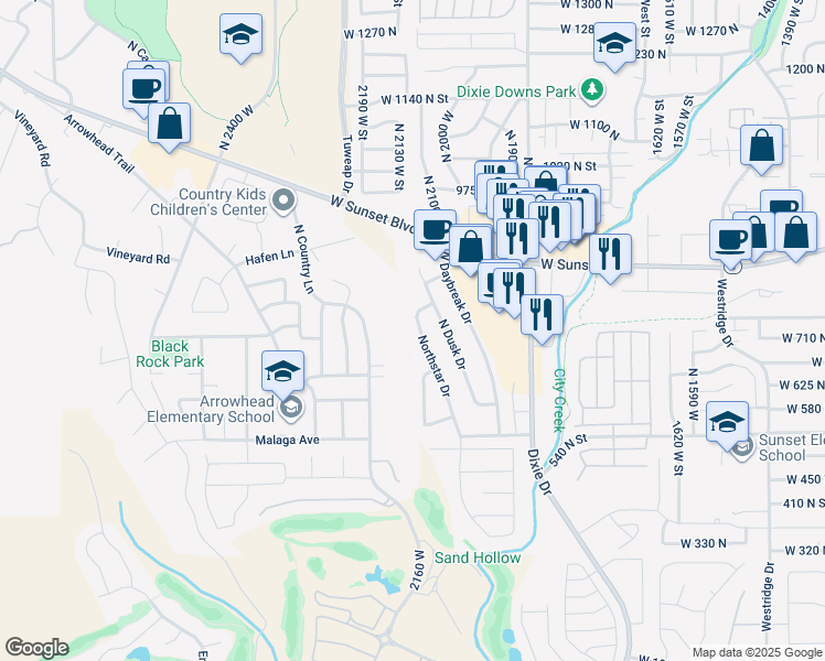 map of restaurants, bars, coffee shops, grocery stores, and more near 723 Northstar Drive in St. George