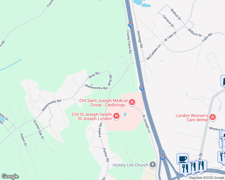 map of restaurants, bars, coffee shops, grocery stores, and more near 324 Parker Road in London