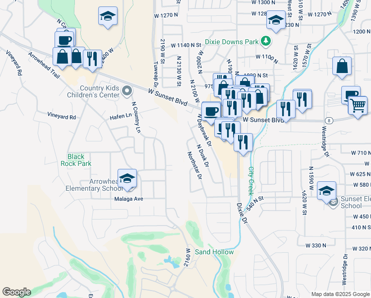 map of restaurants, bars, coffee shops, grocery stores, and more near 723 Northstar Drive in St. George