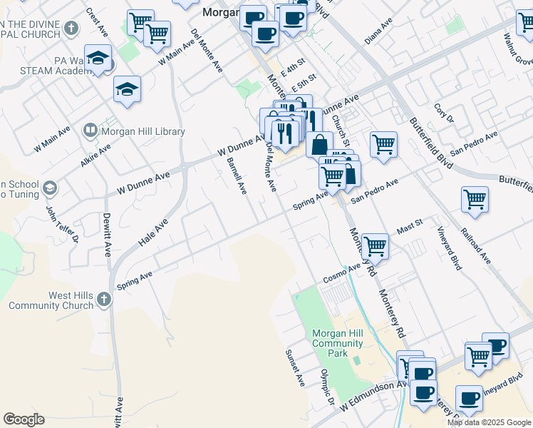 map of restaurants, bars, coffee shops, grocery stores, and more near 16705 Barnell Avenue in Morgan Hill