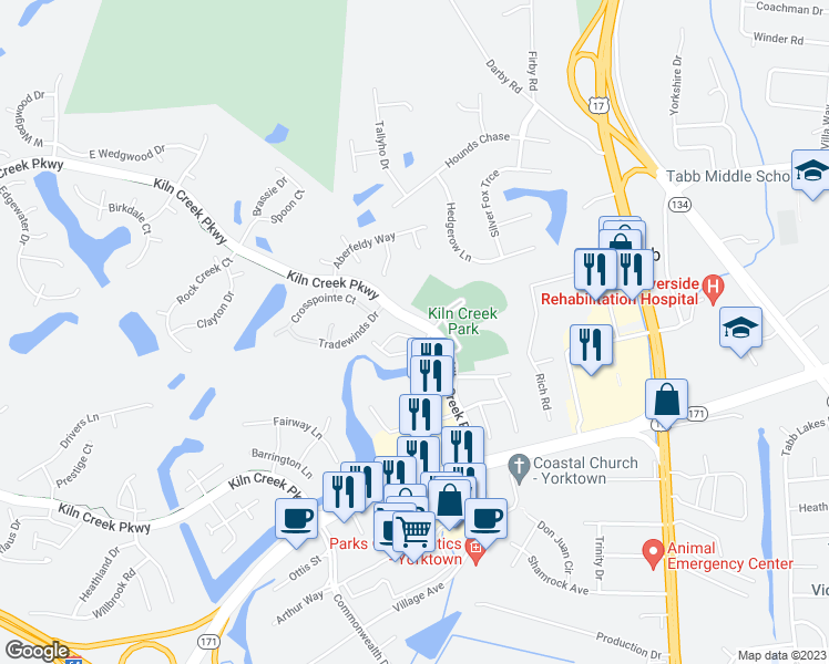 map of restaurants, bars, coffee shops, grocery stores, and more near 525 Ironwood Drive in Yorktown