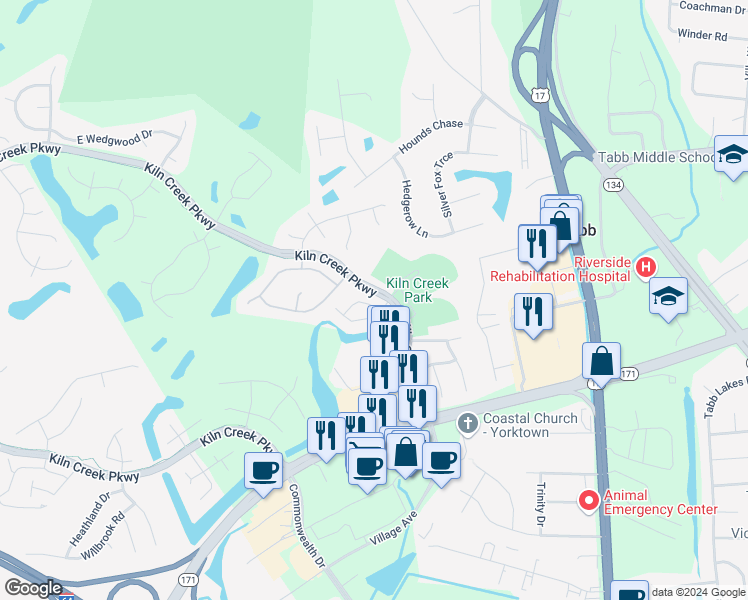 map of restaurants, bars, coffee shops, grocery stores, and more near 525 Ironwood Drive in Yorktown