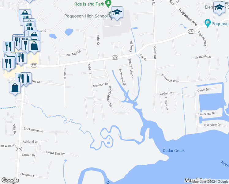 map of restaurants, bars, coffee shops, grocery stores, and more near 2 Crandol Court in Poquoson