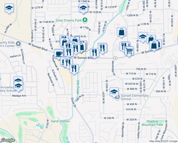 map of restaurants, bars, coffee shops, grocery stores, and more near 1732 West 540 North in St. George