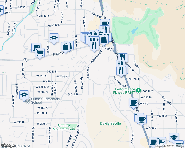 map of restaurants, bars, coffee shops, grocery stores, and more near 730 North 1000 West in St. George