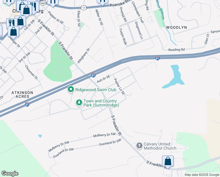 map of restaurants, bars, coffee shops, grocery stores, and more near 165 Maple Drive Southeast in Christiansburg
