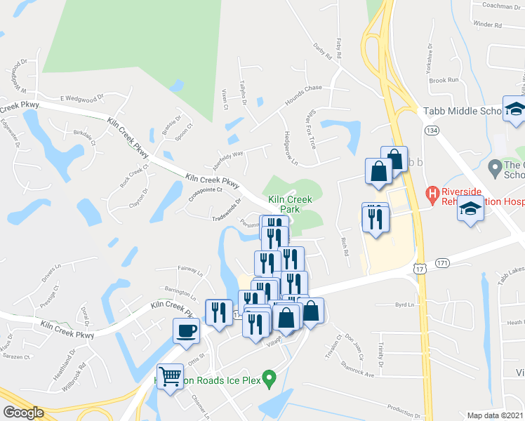 map of restaurants, bars, coffee shops, grocery stores, and more near 526 Ironwood Drive in Yorktown