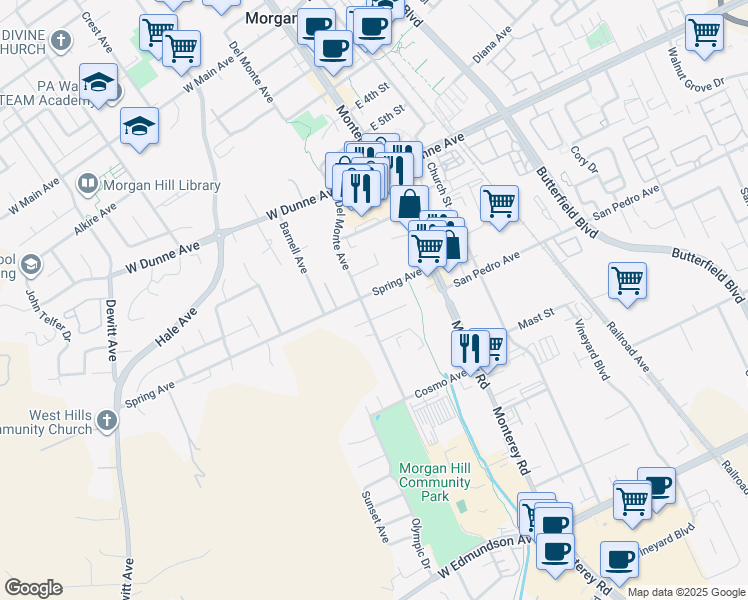 map of restaurants, bars, coffee shops, grocery stores, and more near 180 Spring Avenue in Morgan Hill