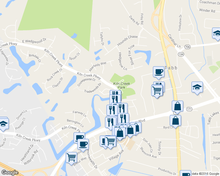 map of restaurants, bars, coffee shops, grocery stores, and more near 526 Ironwood Drive in Yorktown