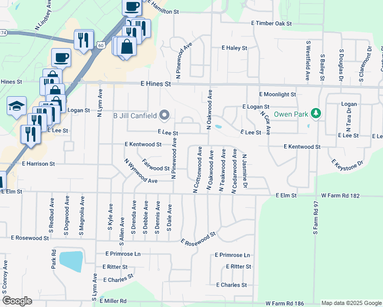map of restaurants, bars, coffee shops, grocery stores, and more near 304 North Elmwood Avenue in Republic