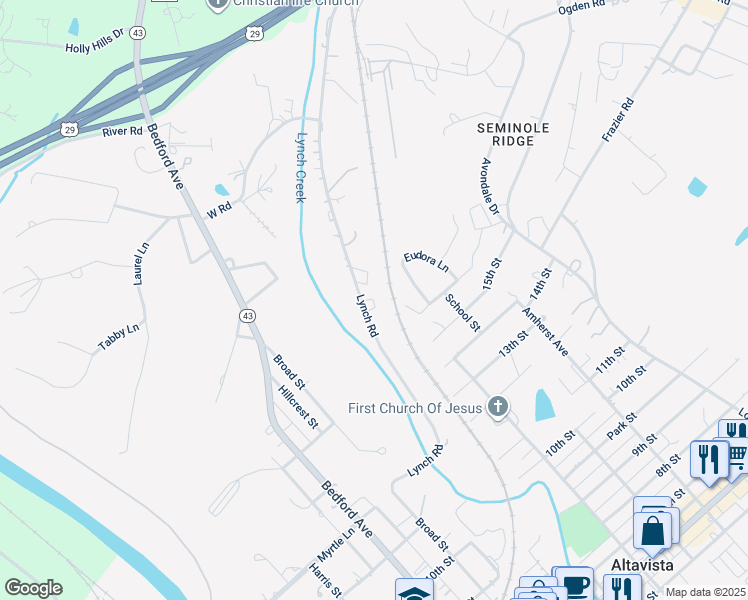 map of restaurants, bars, coffee shops, grocery stores, and more near 1253 Lynch Road in Altavista