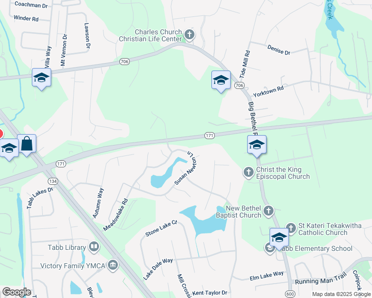 map of restaurants, bars, coffee shops, grocery stores, and more near 220 Susan Newton Lane in Yorktown