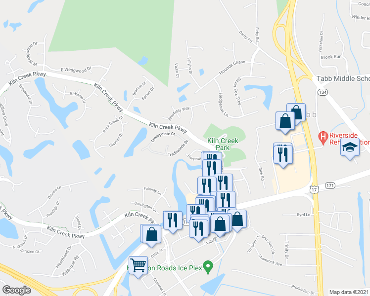 map of restaurants, bars, coffee shops, grocery stores, and more near 107 Tradewinds Drive in Yorktown