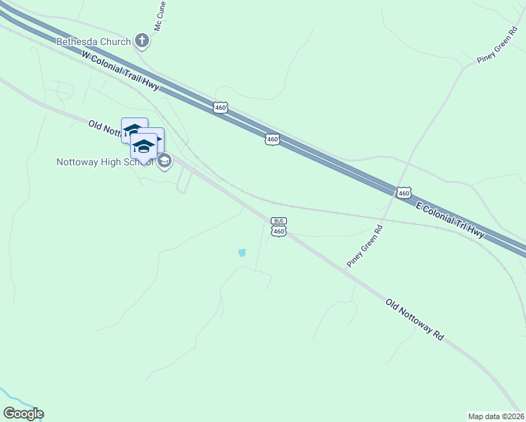 map of restaurants, bars, coffee shops, grocery stores, and more near 4846 Old Nottoway Road in Crewe
