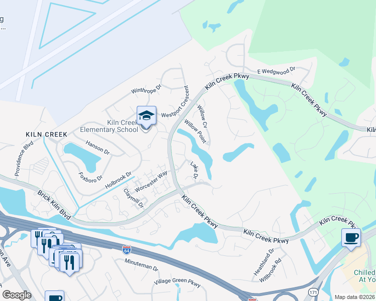 map of restaurants, bars, coffee shops, grocery stores, and more near 1302 Lake Drive in Newport News