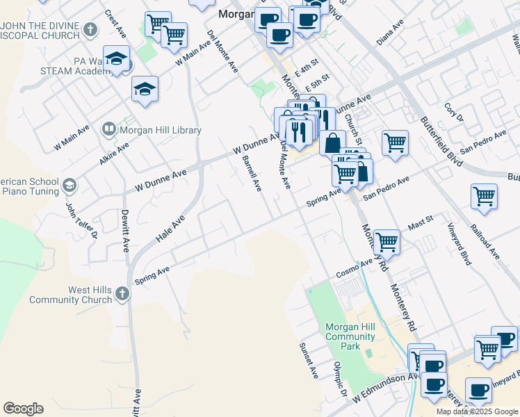 map of restaurants, bars, coffee shops, grocery stores, and more near 16705 Barnell Avenue in Morgan Hill