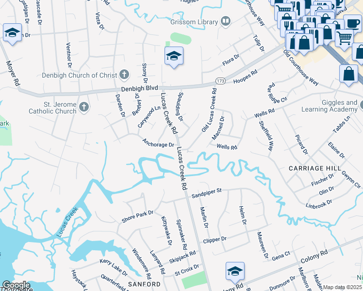 map of restaurants, bars, coffee shops, grocery stores, and more near 748 Old Lucas Creek Road in Newport News