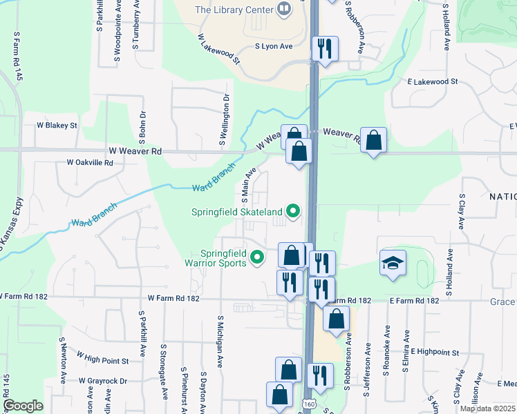 map of restaurants, bars, coffee shops, grocery stores, and more near 5140 South Main Avenue in Springfield