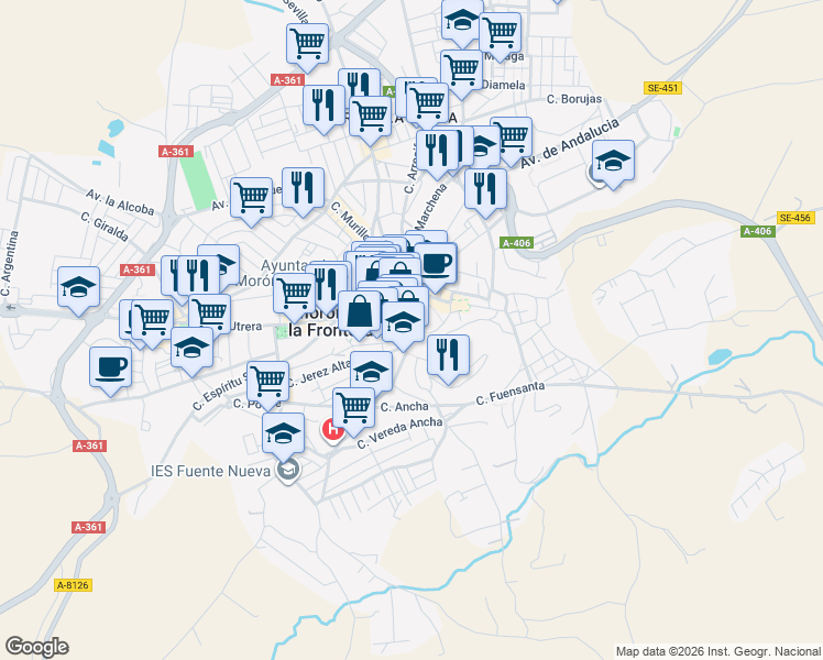 map of restaurants, bars, coffee shops, grocery stores, and more near 59 Calle Bosque in Morón de la Frontera