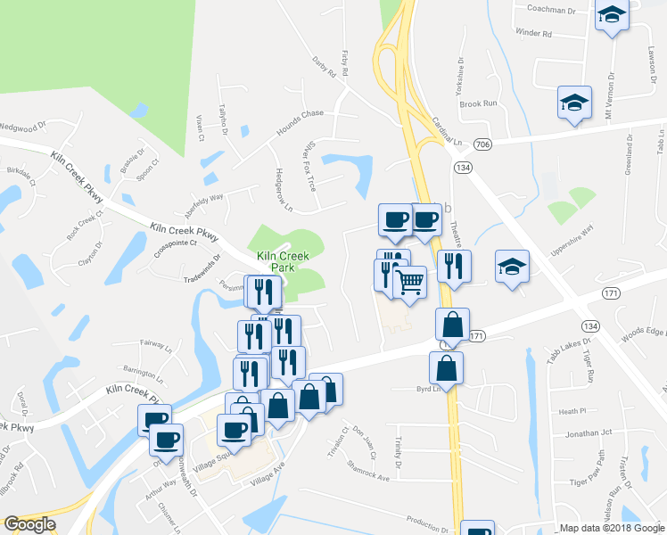 map of restaurants, bars, coffee shops, grocery stores, and more near 206 Rich Road in Yorktown