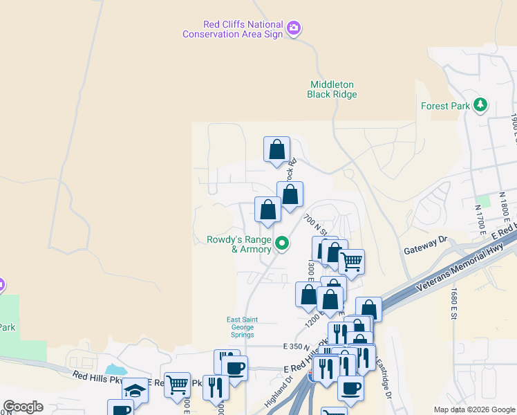 map of restaurants, bars, coffee shops, grocery stores, and more near 738 North 1100 East Street in St. George