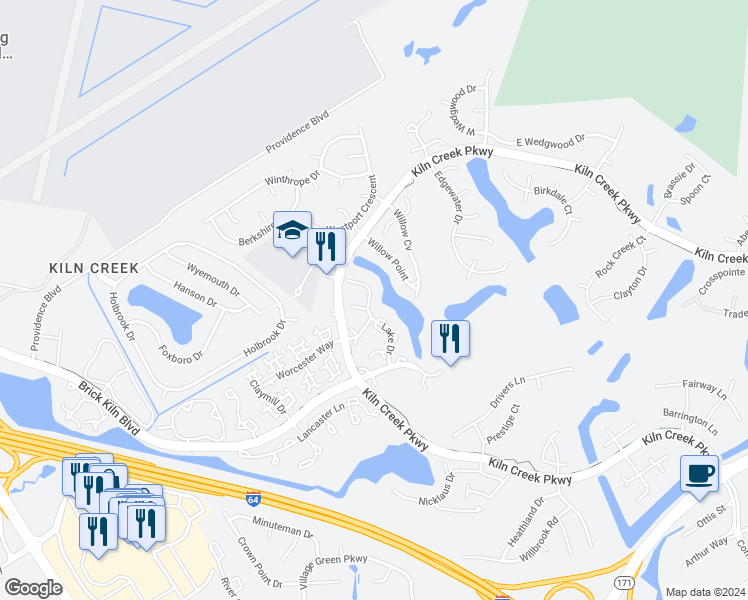 map of restaurants, bars, coffee shops, grocery stores, and more near 1332 Lake Drive in Newport News