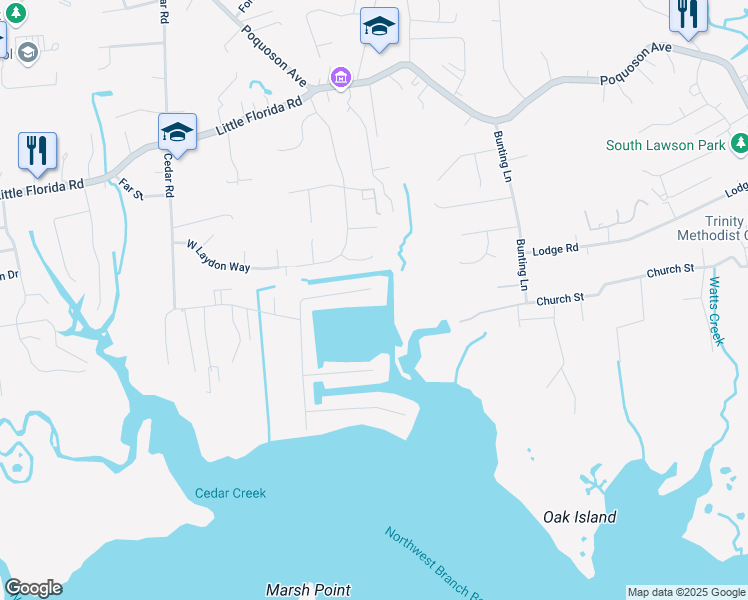 map of restaurants, bars, coffee shops, grocery stores, and more near 20 Canal Drive in Poquoson